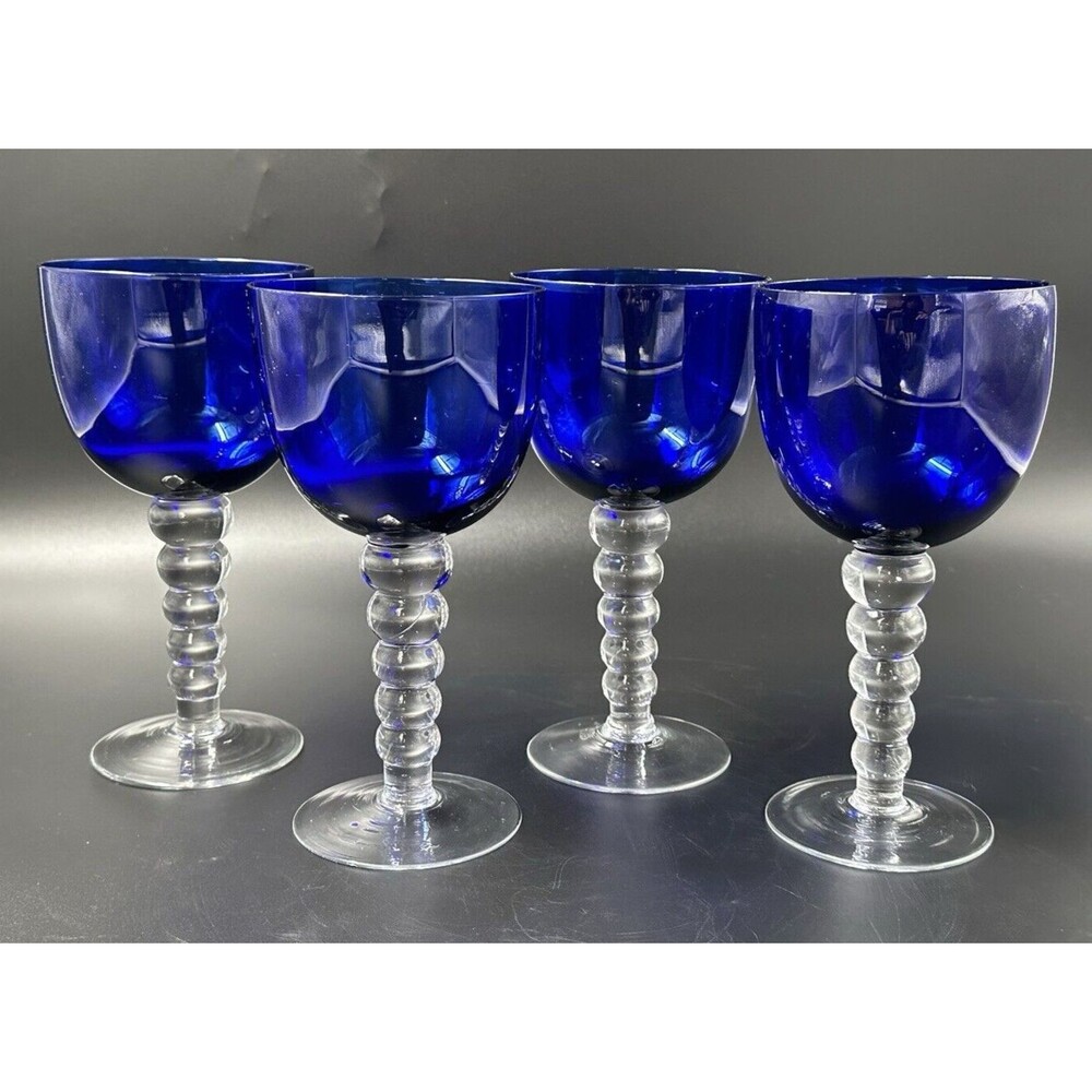 Stunning Cobalt Blue Drinking Glasses with Clear Ball Stems Set of 4 Glasses - Picture 2 of 7